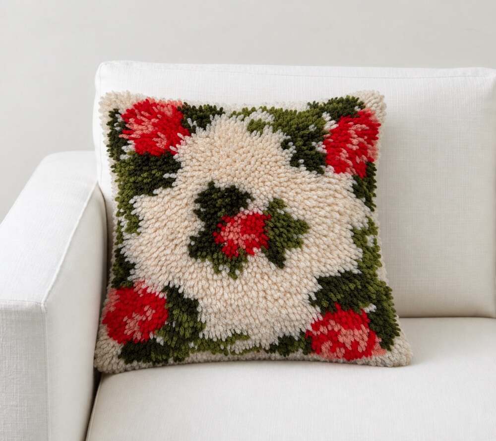 Vintage Floral Latch Hook Throw Pillow 14” Square Zippered Cover